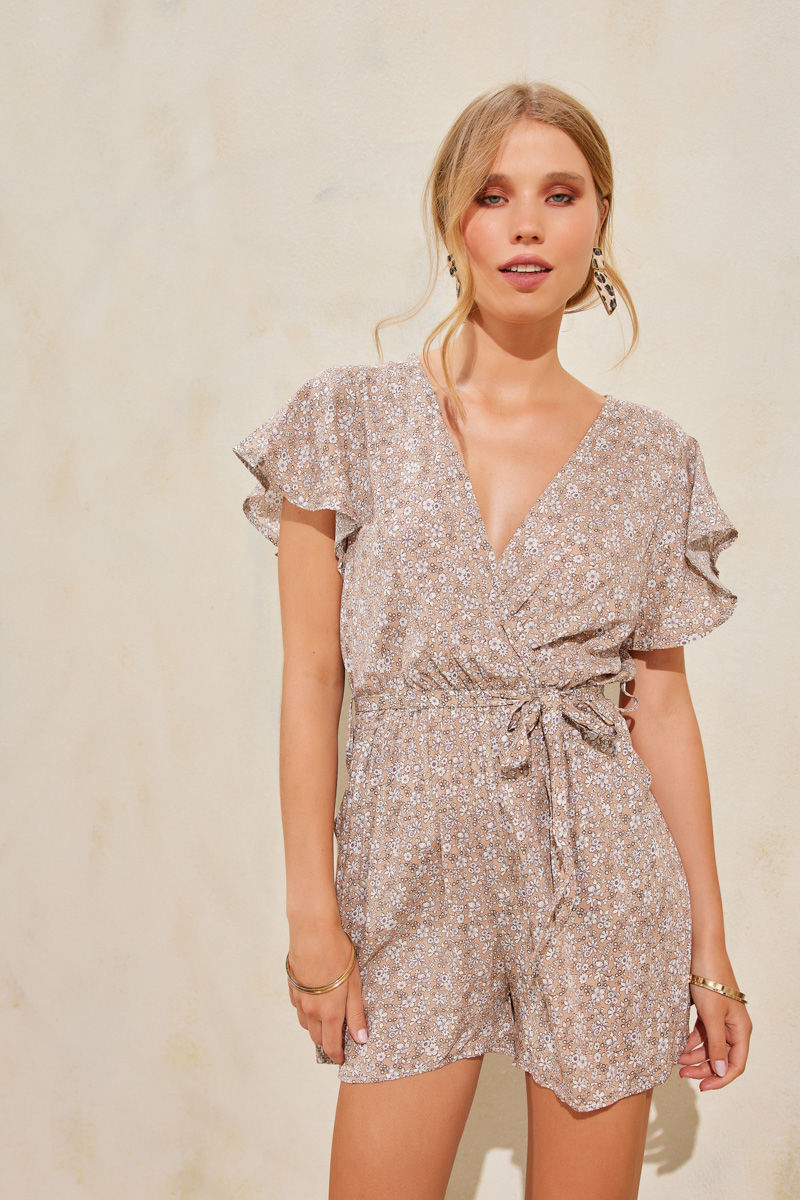 Εικόνα της Playsuit κρουαζέ flower print με μανίκι