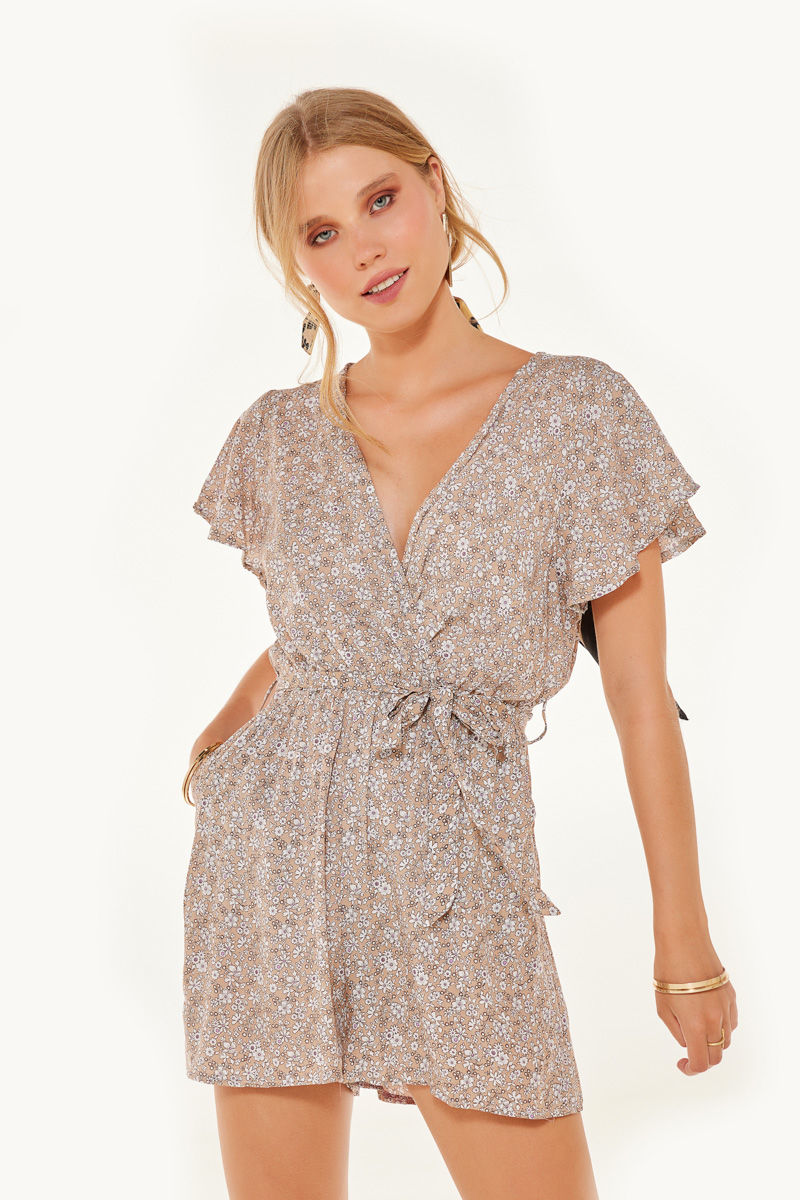 Εικόνα της Playsuit κρουαζέ flower print με μανίκι