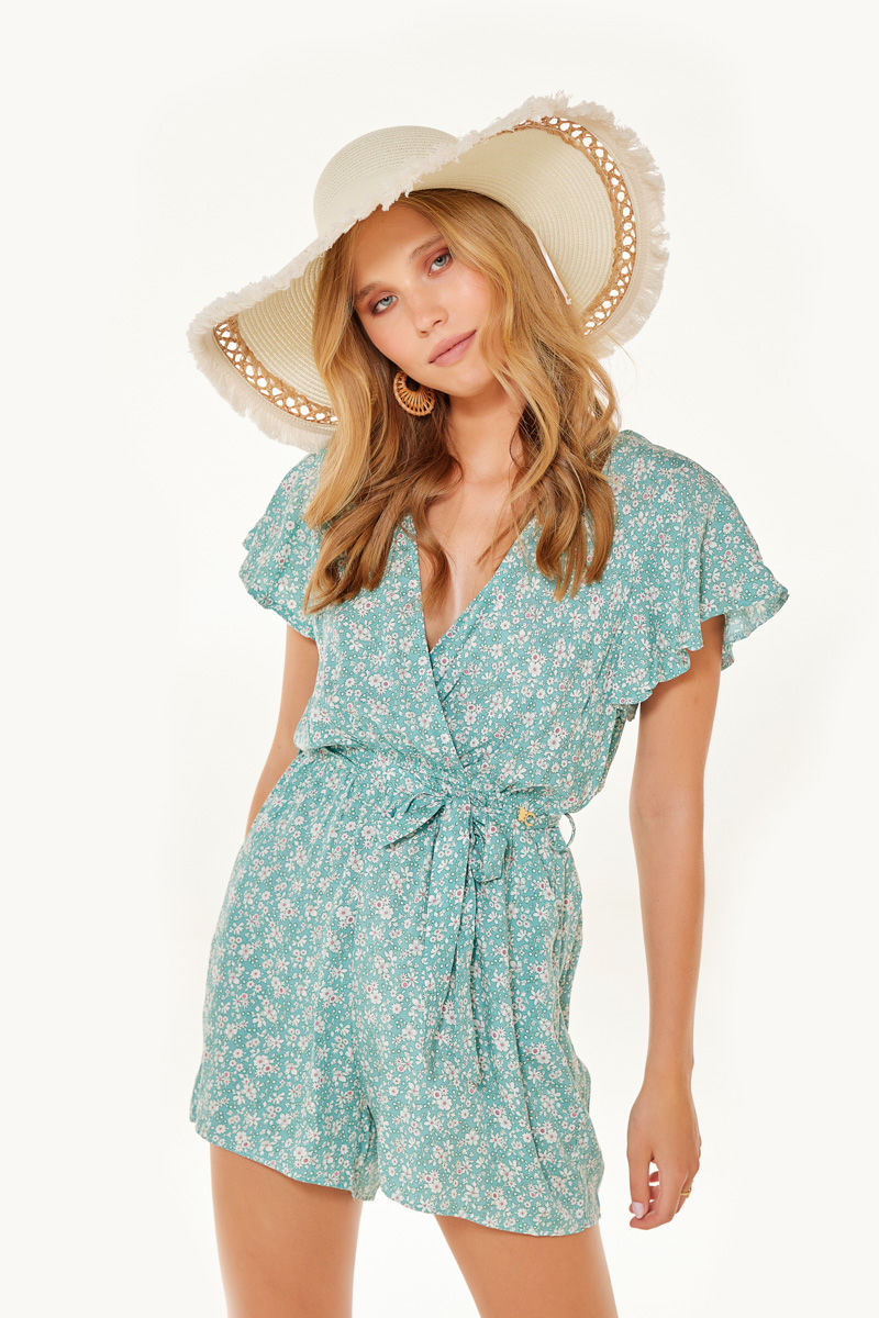 Εικόνα της Playsuit κρουαζέ flower print με μανίκι