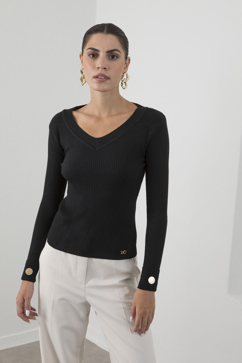 Ribbed V neckline sweater BLACK | Womens Clothes Cento Fashion