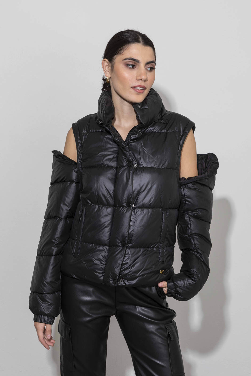 Puffer jacket with removable sleeves BLACK Womens Clothes Cento