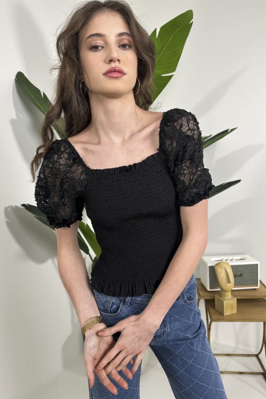 Picture of Shirred blouse with lace sleeves