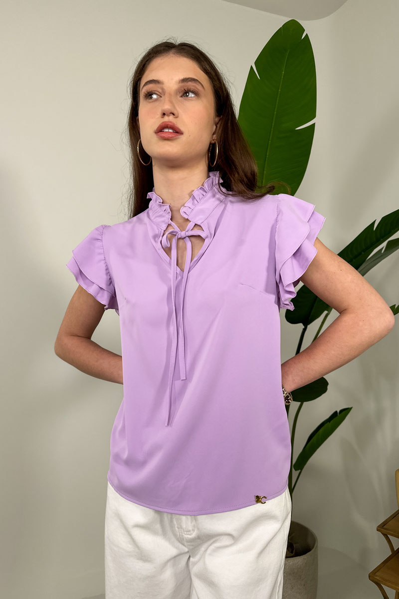 Picture of Ruffled satin blouse with knot