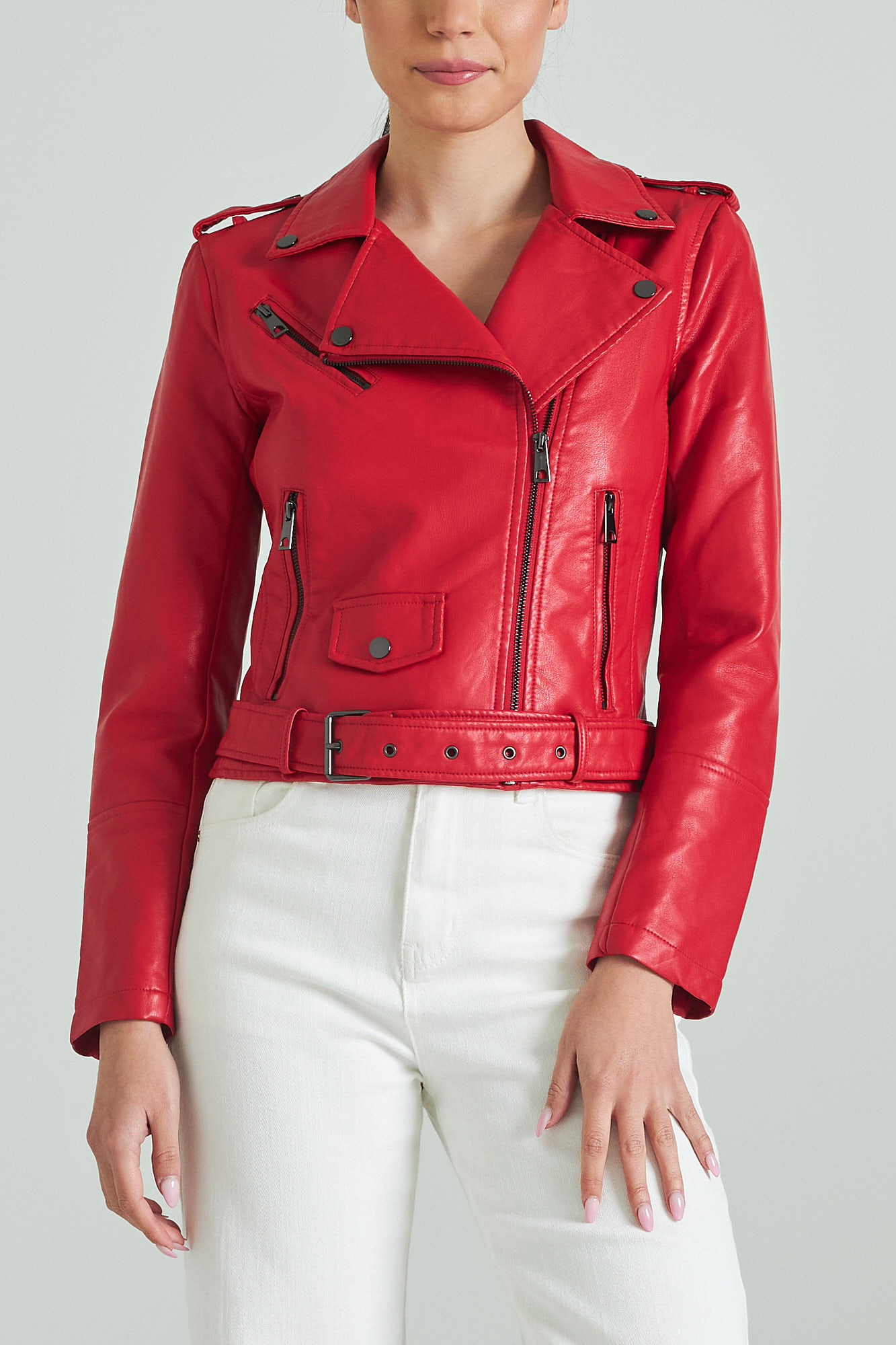 Biker jacket with belt RED Womens Clothes Cento Fashion