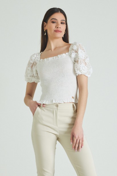 Picture of Shirred blouse with lace sleeves