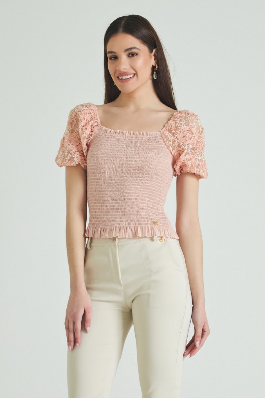 Picture of Shirred blouse with lace sleeves