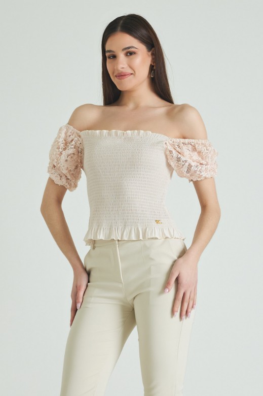 Picture of Shirred blouse with lace sleeves