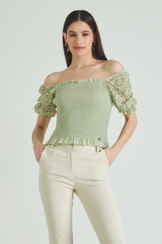 Picture of Shirred blouse with lace sleeves