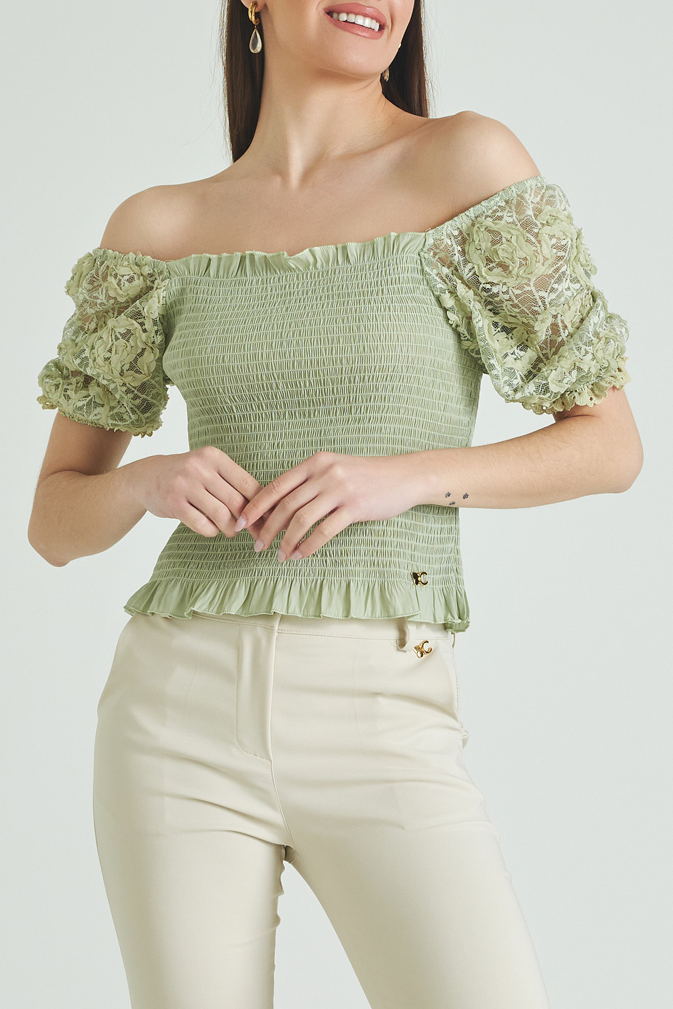 Picture of Shirred blouse with lace sleeves