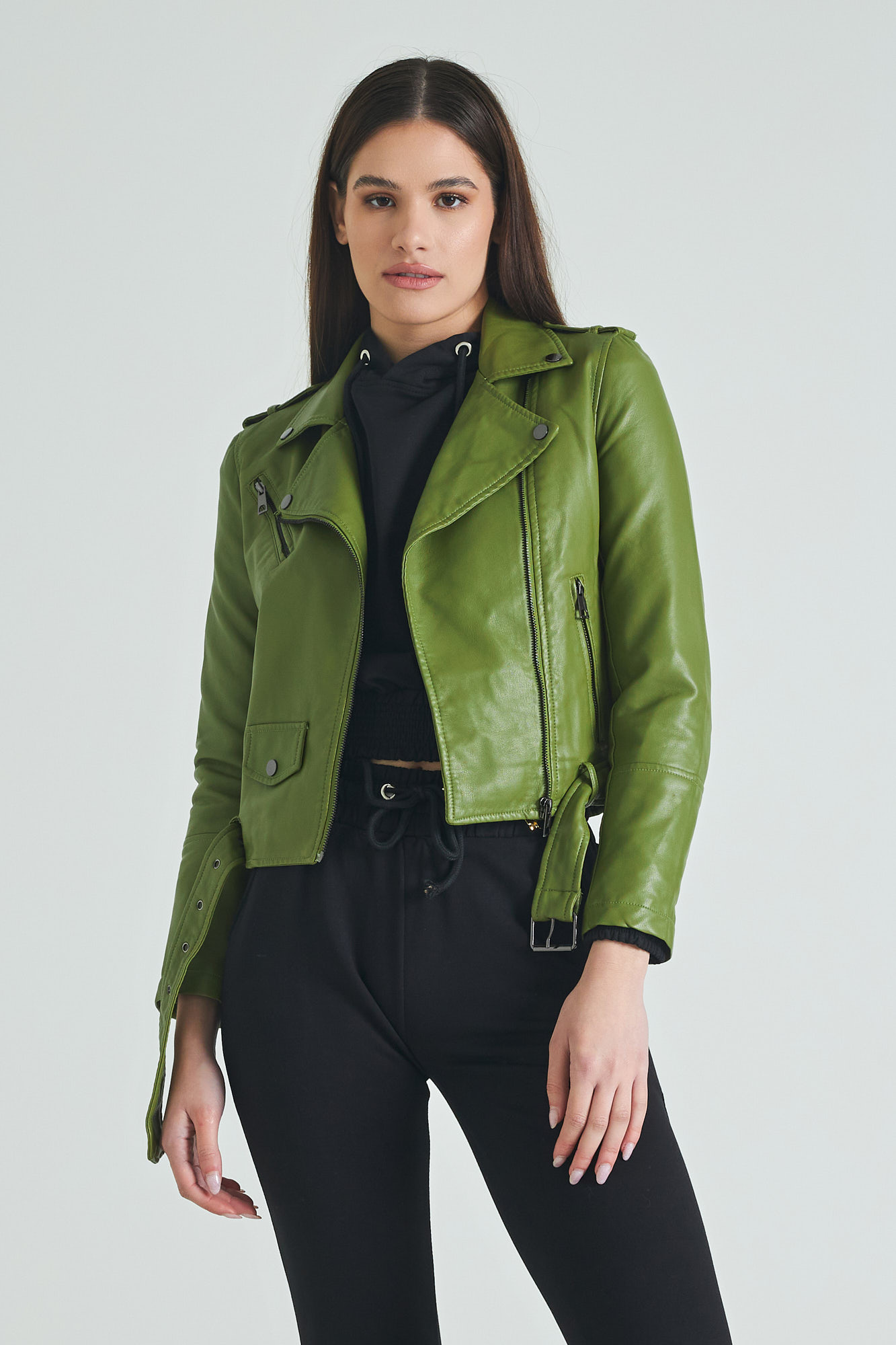 Olive green biker jacket on sale womens