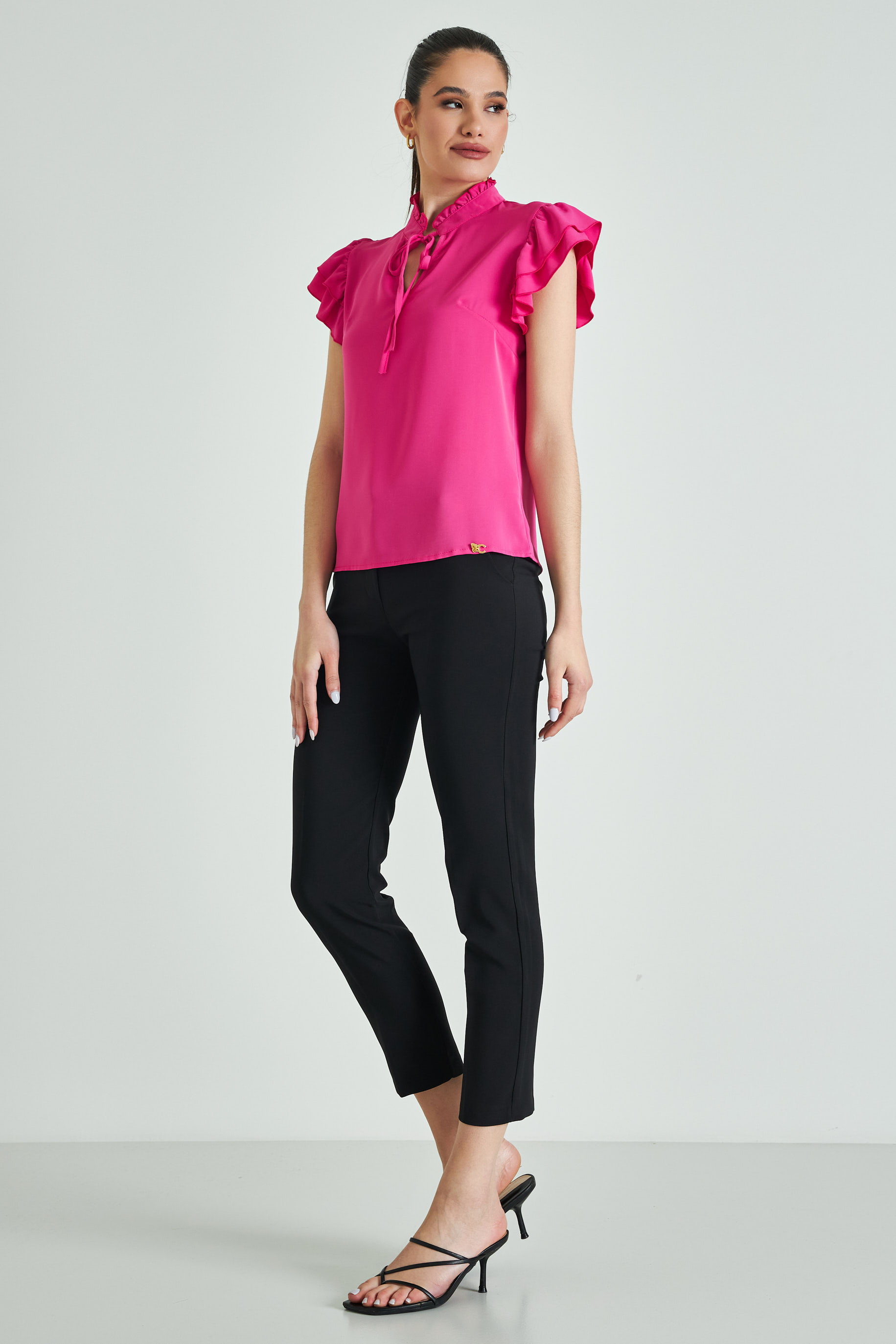 Picture of Ruffled satin blouse with knot