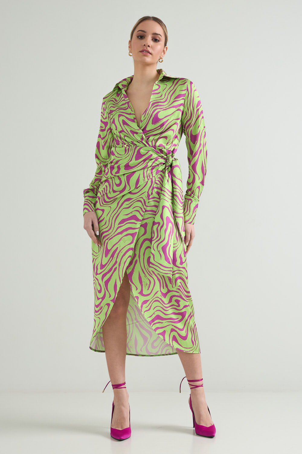 Picture of Satin printed wrap dress