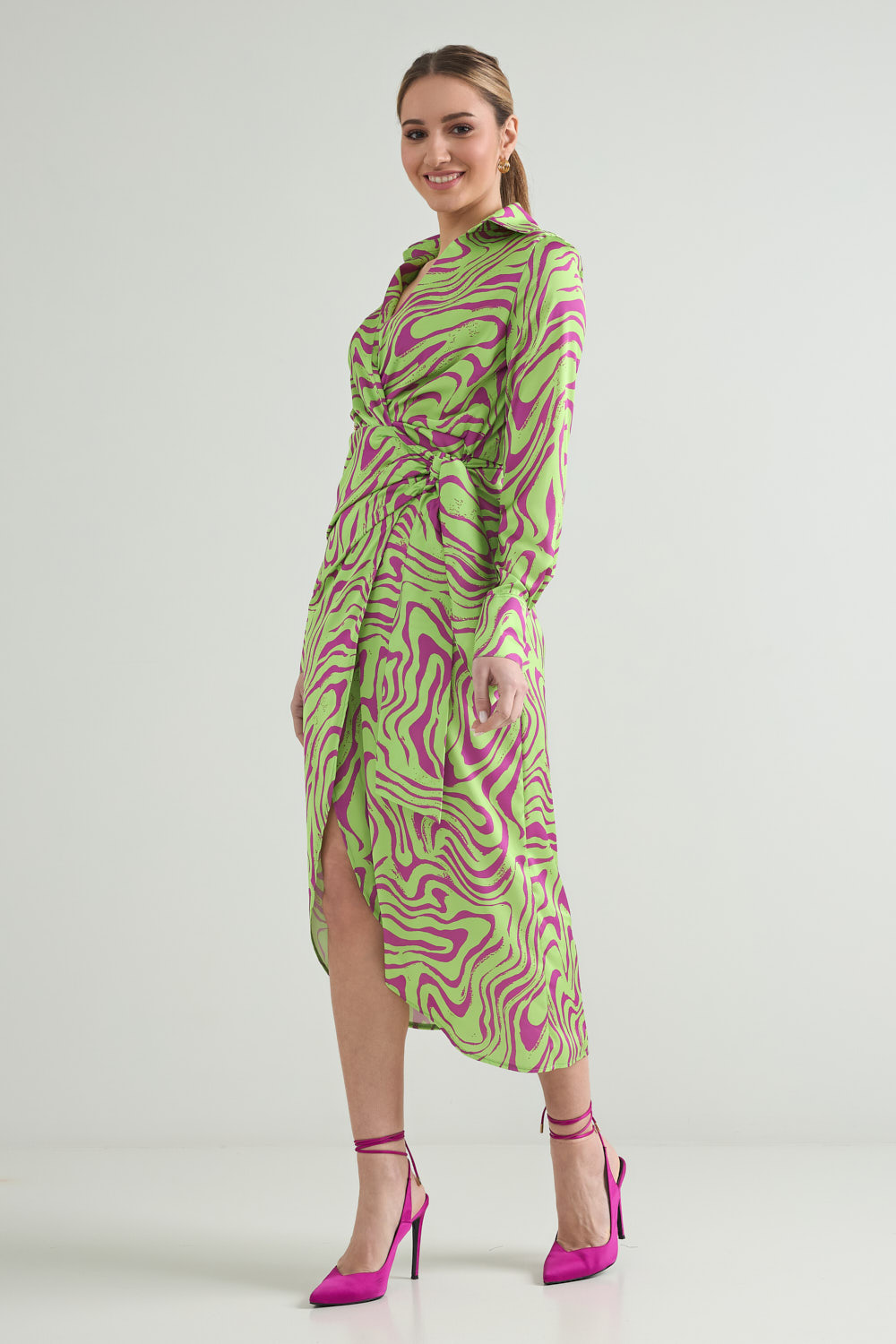 Picture of Satin printed wrap dress