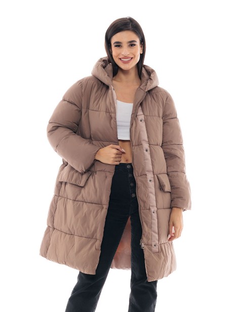 Picture of Long Quilted Puffer Jacket with Hood and Flap Pockets