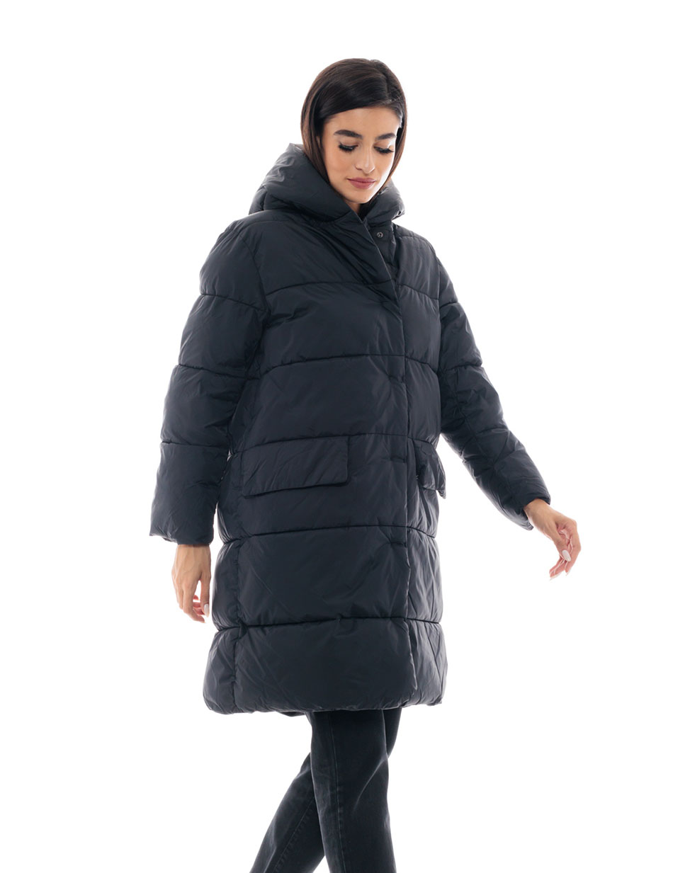 Picture of Long Quilted Puffer Jacket with Hood and Flap Pockets