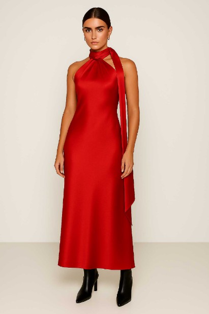 Picture of Premium satin maxi dress with tie at the neck