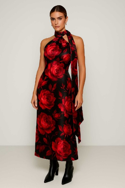 Picture of Printed satin maxi dress with tie at the neck