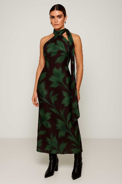 Picture of Printed satin maxi dress with tie at the neck