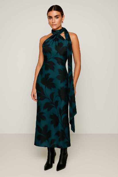 Picture of Printed satin maxi dress with tie at the neck