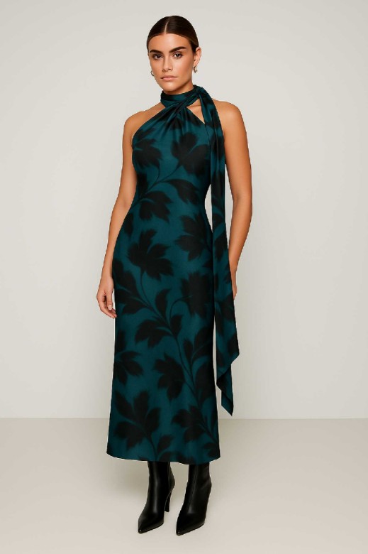 Picture of Printed satin maxi dress with tie at the neck