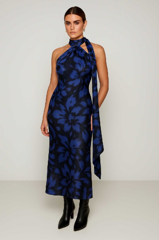 Picture of Printed satin maxi dress with tie at the neck