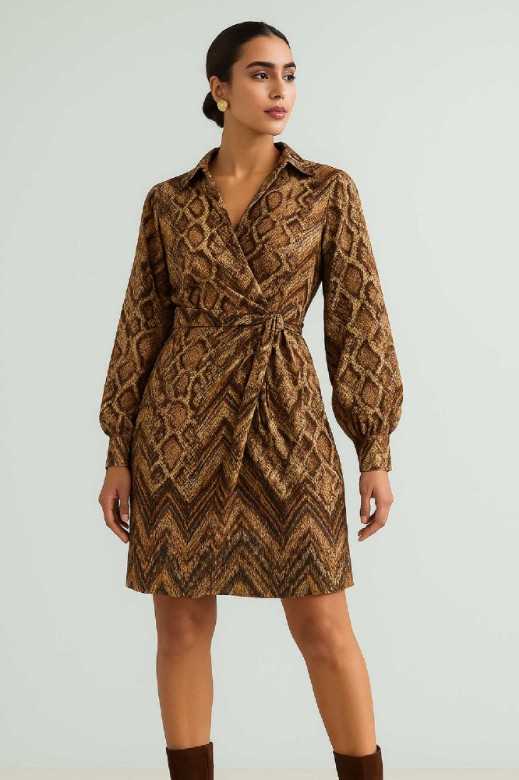 Picture of Printed satin mini wrap dress with ties