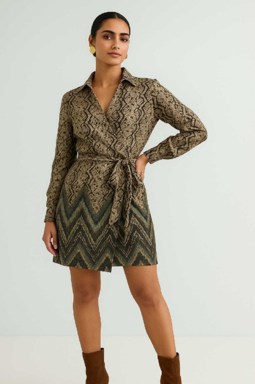 Picture of Printed satin mini wrap dress with ties