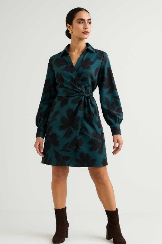 Picture of Printed satin mini wrap dress with ties