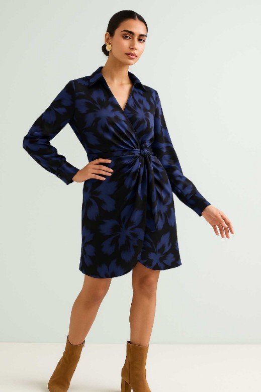 Picture of Printed satin mini wrap dress with ties