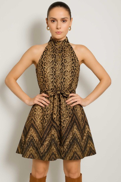 Picture of Sleeveless mini dress with high neck and belt at the waist