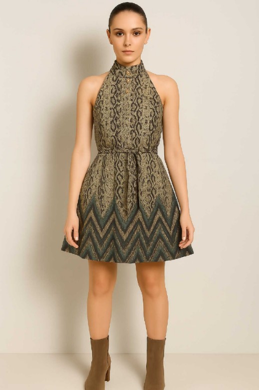 Picture of Sleeveless mini dress with high neck and belt at the waist