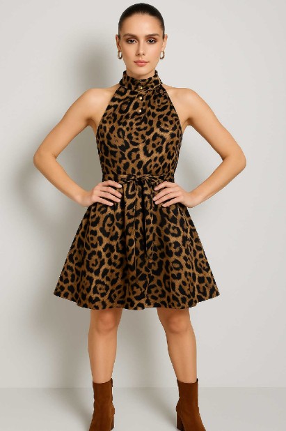 Picture of Sleeveless mini dress with high neck and belt at the waist