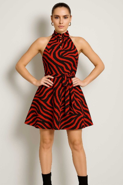 Picture of Sleeveless mini dress with high neck and belt at the waist