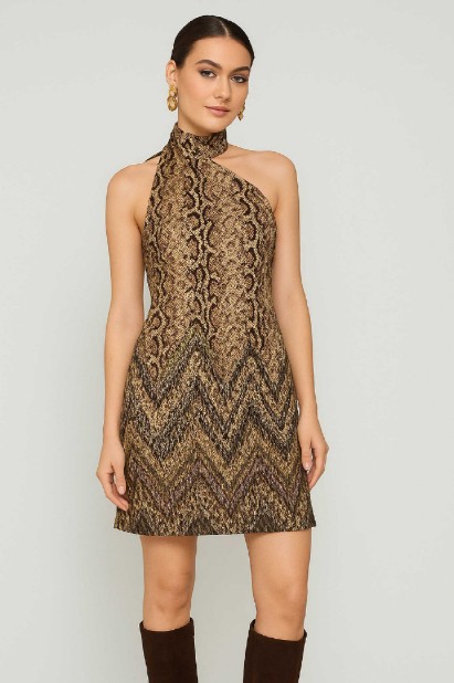 Picture of Printed satin asymmetric mini dress with scarf
