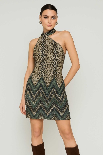 Picture of Printed satin asymmetric mini dress with scarf