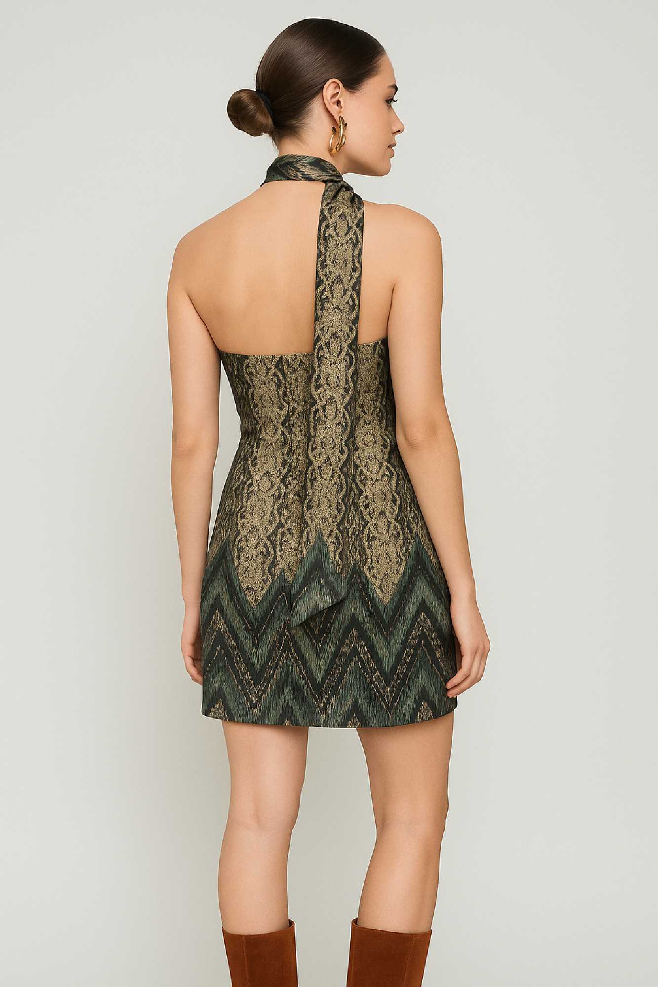 Picture of Printed satin asymmetric mini dress with scarf