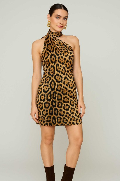 Picture of Printed satin asymmetric mini dress with scarf