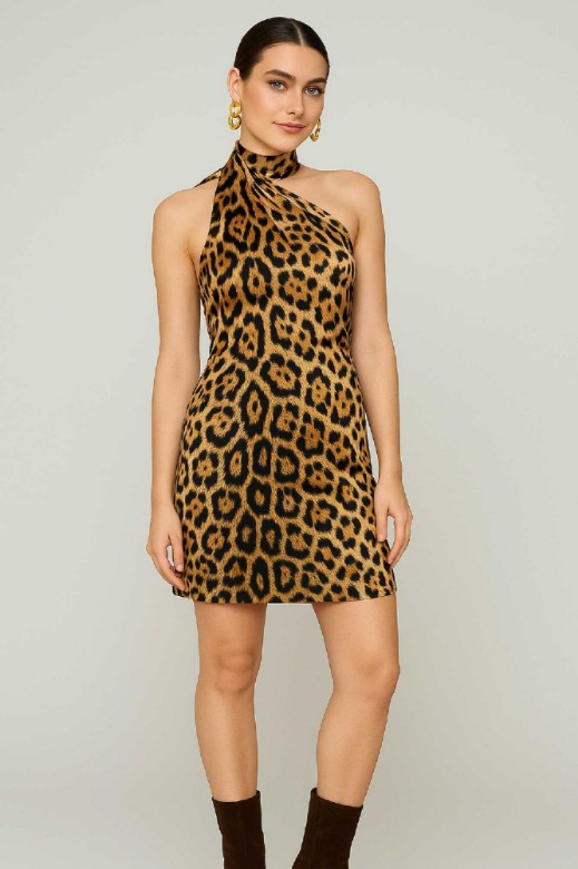 Picture of Printed satin asymmetric mini dress with scarf