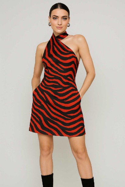 Picture of Printed satin asymmetric mini dress with scarf