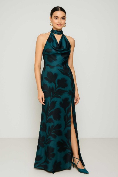 Picture of Printed satin maxi dress with draped neckline