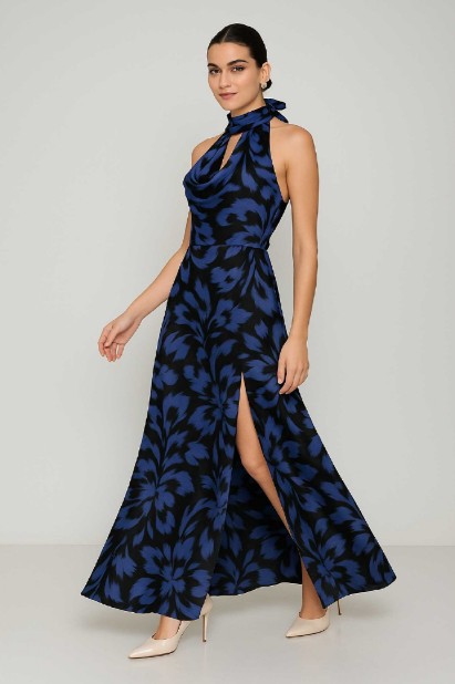 Picture of Printed satin maxi dress with draped neckline