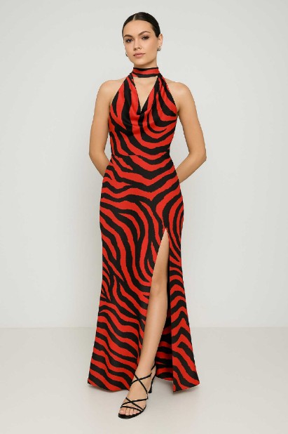 Picture of Printed satin maxi dress with draped neckline