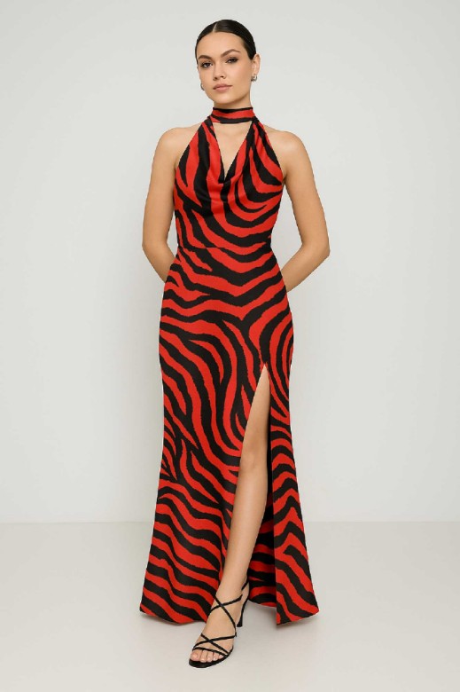 Picture of Printed satin maxi dress with draped neckline