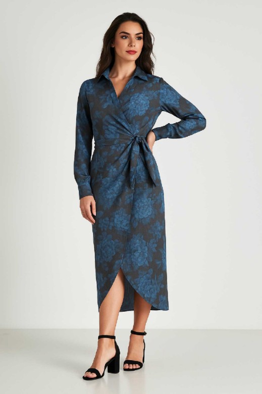 Picture of Satin Printed Wrap Dress with Waist Tie