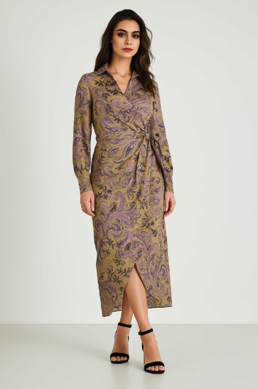 Picture of Satin Printed Wrap Dress with Waist Tie