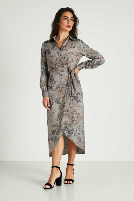 Picture of Satin Printed Wrap Dress with Waist Tie