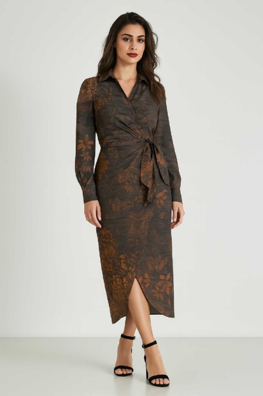 Picture of Satin Printed Wrap Dress with Waist Tie