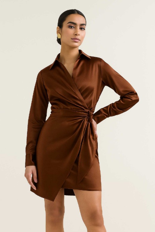 Picture of Premium satin mini wrap dress with tie