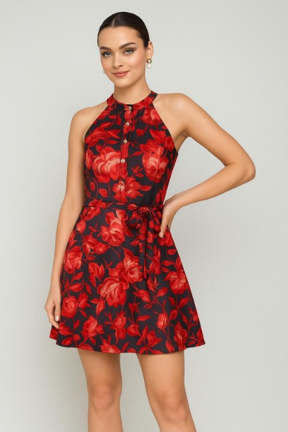 Picture of Sleeveless mini dress with high neck and belt at the waist