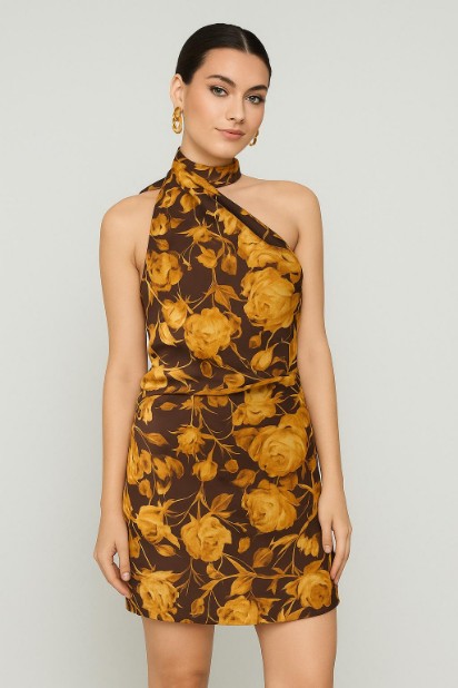 Picture of Printed satin asymmetric mini dress with scarf